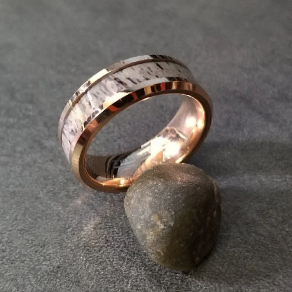 Men's Real Rose Gold Tungsten Wedding Ring With Deer Antler Inlay